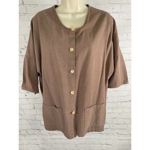 Ecupper Rayon Linen Blend Brown Short Sleeve Button Up Pockets M Medium